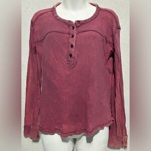 We The Free Anthropologie Washed Red Long Sleeve Button Up Crew Neck Line Tshirt